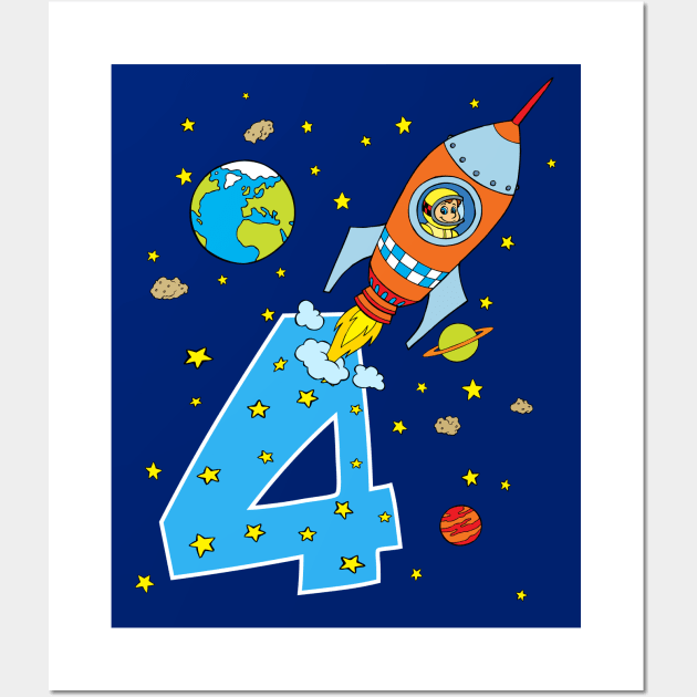 Moon Rocket Astronaut 4 Year Birthday Design for Kids Wall Art by samshirts